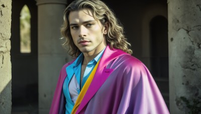 HQ,1girl,solo,long hair,looking at viewer,blue eyes,blonde hair,shirt,closed mouth,upper body,collared shirt,cape,lips,wavy hair,blue shirt,curly hair,realistic,nose,dirty,1boy,jacket,male focus,facial hair,formal,suit