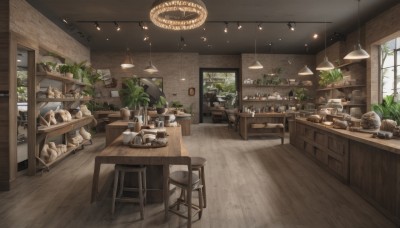 day,indoors,tree,cup,no humans,window,chair,table,sunlight,bottle,plant,scenery,plate,drinking glass,bowl,wooden floor,potted plant,lamp,stool,shelf,kitchen,ceiling,restaurant,counter,ceiling light,cabinet,chandelier,wooden table,jar,bar (place),bar stool,wooden chair