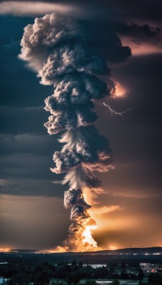 outdoors,sky,cloud,tree,no humans,cloudy sky,fire,building,nature,scenery,flying,sunset,mountain,fantasy,sun,lightning,landscape,solo,signature,city,cityscape