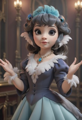 1girl,solo,looking at viewer,short hair,skirt,brown hair,black hair,hair ornament,long sleeves,dress,brown eyes,jewelry,closed mouth,standing,tail,cowboy shot,puffy sleeves,artist name,indoors,necklace,blurry,black eyes,lips,hands up,fur trim,eyelashes,makeup,depth of field,blurry background,blue dress,watermark,feathers,juliet sleeves,gem,web address,pendant,freckles,feather hair ornament,breasts,blush,bangs,upper body,small breasts,buttons,lipstick,realistic,red lips,w arms,aqua dress,chandelier