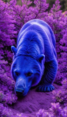 solo,looking at viewer,red eyes,full body,flower,outdoors,blurry,tree,no humans,depth of field,animal,cherry blossoms,blue theme,realistic,animal focus,purple theme,signature,pokemon (creature),watermark,nature