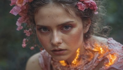 1girl,solo,looking at viewer,brown hair,hair ornament,brown eyes,jewelry,closed mouth,flower,hair flower,necklace,blurry,lips,grey eyes,eyelashes,depth of field,blurry background,gem,portrait,close-up,pink flower,freckles,realistic,nose,short hair,black hair,earrings,blood,serious,injury,blood on face,dirty,scratches,dirty face,burnt clothes