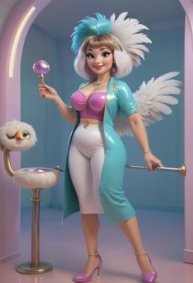 1girl,solo,breasts,looking at viewer,smile,short hair,blue eyes,skirt,large breasts,brown hair,shirt,hair ornament,holding,cleavage,jewelry,standing,full body,white hair,short sleeves,multicolored hair,earrings,wings,belt,pants,dark skin,necklace,nail polish,high heels,bracelet,two-tone hair,lips,coat,makeup,bird,feathers,lipstick,staff,red nails,purple shirt,red lips,bangle,purple footwear,long coat,bangs,dress,blue hair,open clothes,teeth,artist name,mole,fingernails,aqua hair,eyeshadow,taut clothes,tight,high-waist pants