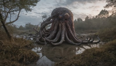 outdoors,sky,day,cloud,water,tree,no humans,cloudy sky,grass,nature,scenery,tentacles,forest,monster,extra eyes,horror (theme),eldritch abomination