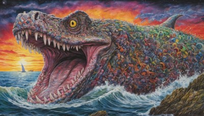 open mouth,yellow eyes,outdoors,sky,teeth,tongue,cloud,water,no humans,ocean,traditional media,moon,cloudy sky,sharp teeth,star (sky),scenery,starry sky,sunset,monster,sun,scales,giant,waves,red sky,kaijuu,animal,fish,watercraft,ship,orange sky