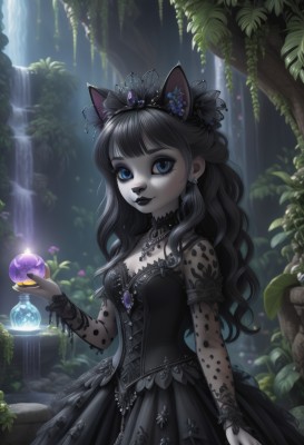 1girl,solo,long hair,breasts,looking at viewer,smile,bangs,blue eyes,black hair,hair ornament,long sleeves,dress,holding,animal ears,cleavage,jewelry,medium breasts,standing,flower,earrings,small breasts,outdoors,food,choker,artist name,cat ears,signature,blunt bangs,water,necklace,nail polish,black dress,tree,lips,fingernails,see-through,eyelashes,makeup,fruit,fake animal ears,colored skin,watermark,wavy hair,tiara,plant,lipstick,gem,pale skin,nature,black nails,pendant,forest,curly hair,lolita fashion,gothic lolita,red lips,stud earrings,grey skin,waterfall,gothic,black lips,grey hair,hair flower,crown,cat girl,lace,web address,furry,furry female