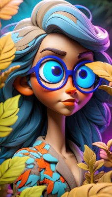 1girl,solo,long hair,blue eyes,closed mouth,blue hair,collarbone,upper body,flower,multicolored hair,glasses,artist name,dark skin,blurry,two-tone hair,dark-skinned female,lips,streaked hair,eyelashes,makeup,leaf,plant,lipstick,portrait,eyeshadow,freckles,nose,round eyewear,blue-framed eyewear,blue lips,blue eyeshadow,breasts,looking at viewer,cleavage,white hair,watermark,web address,adjusting eyewear