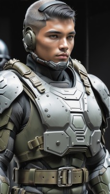 solo,looking at viewer,short hair,1boy,brown eyes,closed mouth,upper body,grey hair,male focus,belt,armor,lips,bodysuit,helmet,black background,shoulder armor,headset,freckles,science fiction,breastplate,realistic,very short hair,power armor,body armor,1girl,mole,serious