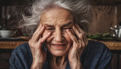 1girl,solo,smile,closed eyes,upper body,white hair,grey hair,japanese clothes,teeth,kimono,grin,blurry,lips,blurry background,parody,messy hair,portrait,facing viewer,realistic,hands on own face,old,old man,old woman,wrinkled skin,1boy,male focus,scar,kitchen