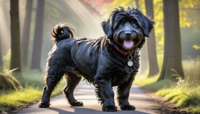 HQ,solo,open mouth,blue eyes,full body,outdoors,day,tongue,signature,tongue out,blurry,collar,tree,no humans,blurry background,animal,sunlight,grass,nature,forest,running,dog,light rays,realistic,leash,animal focus,animal collar,looking at viewer,standing,depth of field,fangs