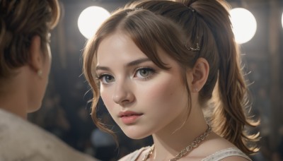 1girl,long hair,multiple girls,brown hair,1boy,2girls,brown eyes,jewelry,ponytail,earrings,solo focus,necklace,blurry,looking at another,lips,depth of field,blurry background,portrait,freckles,realistic,nose,solo,looking at viewer,blush,bangs,hair ornament,closed mouth,hairclip,indoors,eyelashes,reflection,light