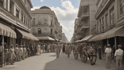 multiple girls,hat,monochrome,greyscale,outdoors,multiple boys,sky,day,pants,cloud,6+girls,ground vehicle,building,scenery,motor vehicle,walking,6+boys,city,road,street,bicycle,sepia,crowd