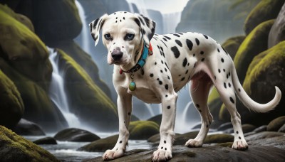 HQ,solo,looking at viewer,blue eyes,jewelry,tail,full body,outdoors,water,necklace,collar,no humans,animal,claws,realistic,animal focus,waterfall,standing,tongue,tongue out,blurry,dog,rock,animal collar