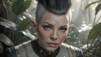 1girl,solo,looking at viewer,short hair,black hair,brown eyes,jewelry,closed mouth,grey hair,multicolored hair,earrings,outdoors,pointy ears,armor,blurry,two-tone hair,lips,grey eyes,blurry background,leaf,scar,plant,elf,portrait,nature,realistic,male focus,day,tree,close-up,forest,freckles,nose,very short hair,undercut,mohawk