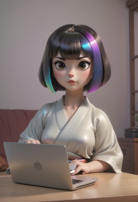 1girl,solo,breasts,looking at viewer,short hair,bangs,black hair,long sleeves,brown eyes,medium breasts,sitting,closed mouth,collarbone,upper body,purple hair,multicolored hair,parted lips,japanese clothes,shiny,artist name,indoors,wide sleeves,blunt bangs,kimono,two-tone hair,lips,streaked hair,sash,eyelashes,makeup,obi,table,bob cut,thick eyebrows,plant,white kimono,nose,potted plant,computer,laptop,blush,watermark,expressionless,web address,realistic