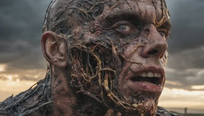 solo,looking at viewer,open mouth,blue eyes,1boy,male focus,outdoors,sky,teeth,cloud,facial hair,helmet,cloudy sky,portrait,realistic,bald,alien,blurry,blurry background,beard,close-up