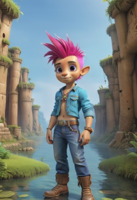 solo,looking at viewer,smile,short hair,1boy,navel,jewelry,purple eyes,jacket,full body,pink hair,male focus,earrings,boots,outdoors,open clothes,sky,day,pointy ears,midriff,belt,pants,pink eyes,water,necklace,bracelet,brown footwear,piercing,denim,spiked hair,ear piercing,jeans,blue pants,leather,pillar,lily pad,mohawk,denim jacket,1girl,brown eyes,flower,open shirt,leaf,grass,plant,rock,pond