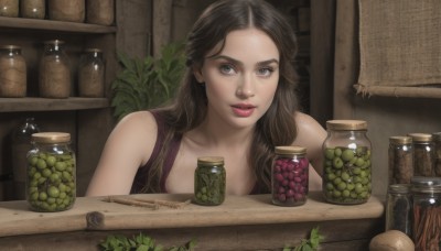 1girl,solo,long hair,looking at viewer,blue eyes,brown hair,bare shoulders,collarbone,upper body,parted lips,food,lips,grey eyes,fruit,leaf,table,bottle,knife,plant,realistic,grapes,jar,brown eyes,sleeveless,indoors,shelf