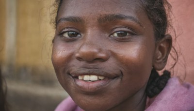 1girl,solo,looking at viewer,smile,brown hair,black hair,brown eyes,braid,teeth,dark skin,grin,blurry,black eyes,dark-skinned female,lips,depth of field,blurry background,child,portrait,freckles,realistic,female child,very dark skin,1boy,male focus,dark-skinned male,close-up,meme