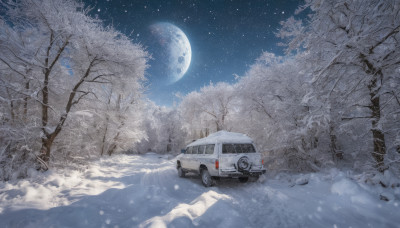 outdoors, sky, tree, no humans, night, moon, ground vehicle, star (sky), night sky, scenery, motor vehicle, snow, full moon, starry sky, snowing, car, road, winter, vehicle focus, bare tree