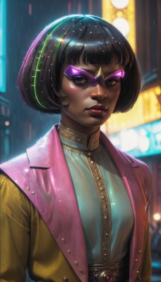 1girl,solo,breasts,looking at viewer,short hair,bangs,shirt,black hair,brown eyes,jewelry,closed mouth,jacket,upper body,parted lips,open clothes,shiny,artist name,dark skin,blunt bangs,blurry,black eyes,open jacket,dark-skinned female,lips,wet,eyelashes,makeup,night,blurry background,headphones,watermark,bob cut,thick eyebrows,lipstick,web address,eyeshadow,freckles,rain,realistic,nose,red lips,eyeliner,pink jacket,very dark skin,mascara,outdoors,belt,streaked hair,sunglasses,tinted eyewear