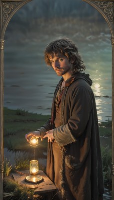 solo,looking at viewer,short hair,brown hair,black hair,long sleeves,1boy,holding,brown eyes,jewelry,closed mouth,standing,male focus,outdoors,sky,cloud,hood,water,necklace,lips,night,facial hair,bird,table,hood down,grass,cloak,beard,robe,lantern,mountain,realistic,fantasy,lamp,lake,1girl,ocean,cloudy sky,reflection,fine art parody