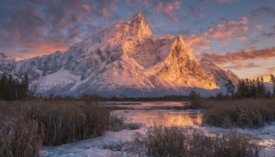 outdoors,sky,day,cloud,water,tree,blue sky,no humans,cloudy sky,grass,nature,scenery,snow,forest,reflection,sunset,mountain,winter,bare tree,river,evening,landscape,mountainous horizon,lake,gradient sky,pine tree