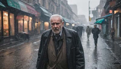 looking at viewer,short hair,shirt,1boy,closed mouth,jacket,white hair,male focus,outdoors,multiple boys,open clothes,necktie,solo focus,collared shirt,pants,2boys,blurry,vest,coat,black jacket,facial hair,scar,formal,3boys,suit,ground vehicle,building,black necktie,motor vehicle,beard,snow,walking,rain,black coat,snowing,city,realistic,mustache,car,road,bald,leather,old,police,old man,street,long sleeves,holding,white shirt,night,depth of field,blurry background,umbrella,hand in pocket,brown jacket,holding umbrella,hands in pockets,brown coat,lamppost