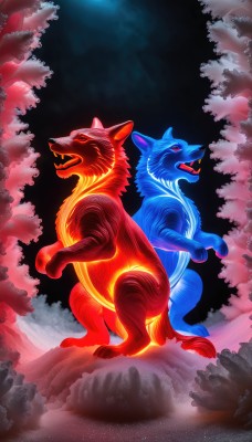 open mouth,red eyes,standing,tail,full body,outdoors,sky,teeth,tongue,signature,tree,pokemon (creature),no humans,night,fangs,moon,fire,cherry blossoms,night sky,mountain,sharp teeth,fox