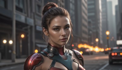 1girl,solo,looking at viewer,brown hair,black hair,brown eyes,closed mouth,upper body,ponytail,outdoors,artist name,hair bun,armor,blurry,lips,bodysuit,depth of field,blurry background,ground vehicle,building,portrait,motor vehicle,forehead,science fiction,city,realistic,nose,car,hair pulled back,power armor,power suit,breasts,single hair bun,road