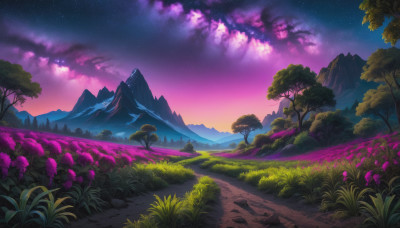 flower, outdoors, sky, cloud, tree, no humans, night, grass, star (sky), nature, night sky, scenery, starry sky, mountain, road, landscape, mountainous horizon, path, purple sky