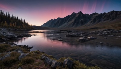 outdoors,sky,water,tree,no humans,night,grass,star (sky),nature,night sky,scenery,forest,starry sky,reflection,sunset,rock,mountain,river,landscape,mountainous horizon,lake,purple sky,cloud,twilight,fog,gradient sky,reflective water,pine tree