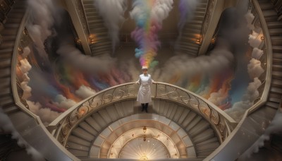 solo,short hair,long sleeves,1boy,hat,standing,male focus,cloud,from behind,coat,scenery,smoke,clock,white coat,wide shot,1girl,brown hair,dress,red hair,apron,from above,steam,stairs,gears,surreal