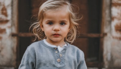 1girl,solo,looking at viewer,short hair,blue eyes,blonde hair,shirt,closed mouth,white shirt,upper body,hairband,indoors,medium hair,blurry,black eyes,sweater,lips,buttons,depth of field,blurry background,expressionless,blue shirt,child,realistic,red lips,female child,brown hair,brown eyes,jewelry,earrings,parted lips,traditional media,wind