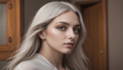 1girl,solo,long hair,looking at viewer,shirt,brown eyes,closed mouth,white shirt,white hair,grey hair,parted lips,indoors,blurry,lips,eyelashes,blurry background,portrait,freckles,realistic,nose,door,red lips,depth of field,expressionless,thick eyebrows,close-up