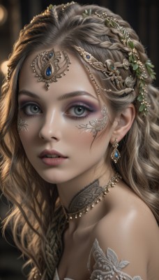 1girl,solo,long hair,breasts,looking at viewer,blonde hair,brown hair,hair ornament,cleavage,bare shoulders,jewelry,green eyes,collarbone,upper body,braid,earrings,parted lips,teeth,choker,necklace,blurry,lips,grey eyes,eyelashes,tattoo,makeup,blurry background,wavy hair,gem,portrait,close-up,eyeshadow,circlet,realistic,nose,eyeliner,arm tattoo,mascara,head chain,dress