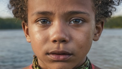 solo,looking at viewer,short hair,brown hair,black hair,1boy,brown eyes,closed mouth,male focus,outdoors,day,dark skin,water,blurry,lips,blurry background,dark-skinned male,portrait,close-up,reflection,realistic,nose,afro,1girl,curly hair