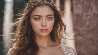 1girl,solo,long hair,looking at viewer,blue eyes,brown hair,dress,collarbone,upper body,parted lips,blurry,lips,grey eyes,eyelashes,blurry background,wavy hair,portrait,realistic,nose,arm up,depth of field,expressionless,freckles,pillar