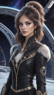 1girl,solo,long hair,breasts,looking at viewer,brown hair,long sleeves,brown eyes,jewelry,medium breasts,closed mouth,jacket,upper body,ponytail,earrings,sky,belt,lips,coat,fur trim,makeup,night,high ponytail,star (sky),starry sky,realistic,nose,red lips,space,bangs,black jacket,emblem,planet,spacecraft