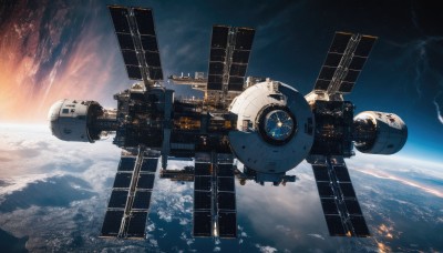 outdoors,sky,cloud,signature,no humans,cloudy sky,building,star (sky),scenery,starry sky,flying,science fiction,city,aircraft,sun,horizon,cityscape,space,planet,spacecraft,above clouds,sunlight,floating,machinery,realistic,flight deck,earth (planet),thrusters