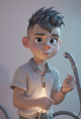 solo,looking at viewer,smile,simple background,brown hair,shirt,black hair,1boy,brown eyes,closed mouth,white shirt,upper body,short sleeves,male focus,shorts,collared shirt,grey background,child,freckles,male child,short hair,holding,artist name,spiked hair