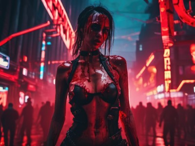 1girl,long hair,breasts,looking at viewer,black hair,navel,cleavage,bare shoulders,medium breasts,underwear,swimsuit,upper body,weapon,bikini,outdoors,solo focus,choker,bra,blurry,collar,lips,gun,blood,night,blurry background,eyepatch,ground vehicle,black bra,bikini top only,blood on face,city,blood on clothes,crowd,cyberpunk,neon lights,6+others,solo,jewelry,collarbone,parted lips,belt,tattoo,piercing,facing viewer,multiple others,cyborg,city lights