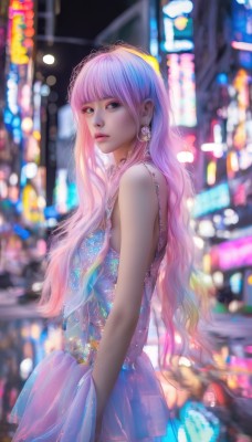 1girl,solo,long hair,looking at viewer,bangs,blue eyes,dress,bare shoulders,jewelry,standing,pink hair,multicolored hair,cowboy shot,earrings,outdoors,sleeveless,artist name,blunt bangs,blurry,from side,lips,see-through,makeup,night,sleeveless dress,depth of field,blurry background,wavy hair,gem,purple dress,city,realistic,nose,neon lights,breasts,very long hair,closed mouth,upper body,parted lips,necklace,bare arms,eyelashes,gradient hair,blue dress,watermark,expressionless,lipstick,crescent,pink lips,car,bokeh,city lights,crescent earrings