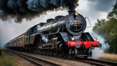 outdoors,sky,day,cloud,tree,military,no humans,grass,ground vehicle,nature,motor vehicle,forest,smoke,military vehicle,tank,vehicle focus,caterpillar tracks,world war ii,weapon,science fiction,machine gun,train,railroad tracks