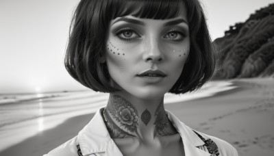 1girl,solo,looking at viewer,short hair,bangs,shirt,collarbone,monochrome,upper body,greyscale,outdoors,parted lips,collared shirt,blunt bangs,blurry,lips,eyelashes,tattoo,depth of field,blurry background,ocean,beach,bob cut,portrait,freckles,realistic,nose,arm tattoo,neck tattoo,jewelry,teeth,choker,close-up,facial tattoo