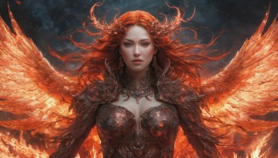 1girl,solo,long hair,breasts,looking at viewer,blue eyes,large breasts,hair ornament,cleavage,jewelry,medium breasts,upper body,red hair,earrings,parted lips,wings,sky,orange hair,armor,lips,fire,feathers,shoulder armor,feathered wings,realistic,arms at sides,red lips,embers,makeup,floating hair,monster girl,straight-on