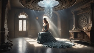 1girl,solo,long hair,breasts,blonde hair,brown hair,dress,bare shoulders,sitting,closed eyes,braid,sleeveless,indoors,window,blue dress,shadow,sunlight,tiara,crown,light rays,long dress,clock,light,sunbeam,church,gown,hands on lap,jewelry,closed mouth,day,artist name,water,necklace,from side,own hands together,scenery,candle,wide shot,fountain