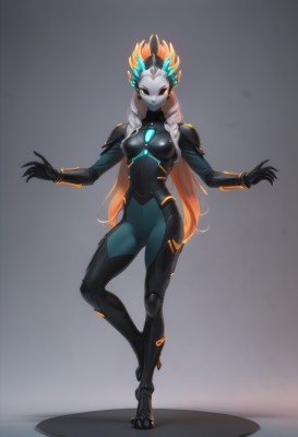 1girl,solo,long hair,breasts,looking at viewer,smile,red eyes,medium breasts,standing,full body,multicolored hair,alternate costume,pointy ears,artist name,grey background,orange hair,armor,high heels,cosplay,bodysuit,makeup,glowing,colored skin,standing on one leg,skin tight,colored sclera,black bodysuit,yellow sclera,black skin,neon trim,simple background,very long hair,braid,white hair,gradient hair,mask,blue skin,black sclera