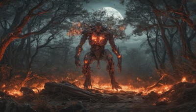 solo,1boy,standing,outdoors,sky,tree,no humans,night,glowing,moon,fire,nature,night sky,scenery,glowing eyes,claws,full moon,forest,monster,rock,bare tree,extra arms,burning,long hair,red eyes,male focus,muscular,moonlight