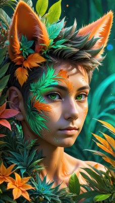 solo,looking at viewer,smile,short hair,black hair,1boy,animal ears,closed mouth,green eyes,flower,male focus,outdoors,artist name,cat ears,signature,blurry,lips,fox ears,eyelashes,depth of field,leaf,sunlight,plant,portrait,nature,freckles,realistic,nose,facepaint,orange flower,1girl,hair ornament,watermark,dog ears,web address,light particles,extra ears,dappled sunlight,bodypaint